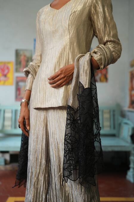 Chambray & CO._Silver Silk, Chiffon Embroidery Asymmetric Kurta And Palazzo Set _at_Aza_Fashions