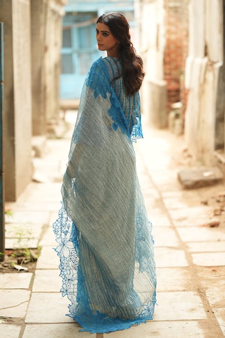 Shop_Chambray & CO._Blue Chanderi, Silk Organza, Brocade Embroidery Blossom Patchwork Saree And Blouse _at_Aza_Fashions