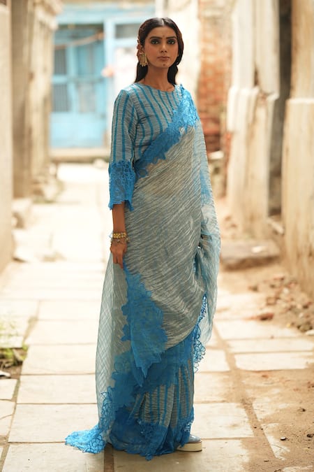 Chambray & CO._Blue Chanderi, Silk Organza, Brocade Embroidery Blossom Patchwork Saree And Blouse _Online_at_Aza_Fashions