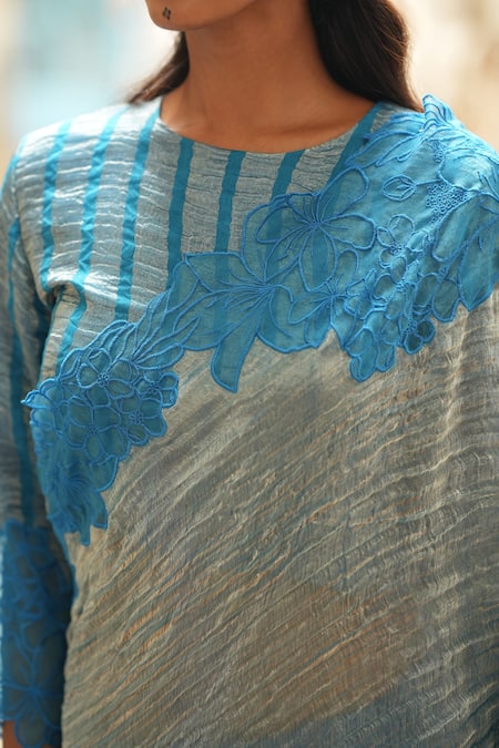 Shop_Chambray & CO._Blue Chanderi, Silk Organza, Brocade Embroidery Blossom Patchwork Saree And Blouse _Online_at_Aza_Fashions