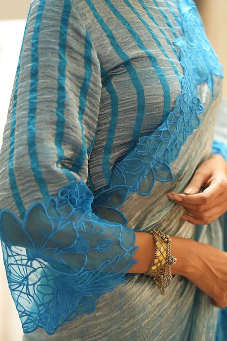 Chambray & CO._Blue Chanderi, Silk Organza, Brocade Embroidery Blossom Patchwork Saree And Blouse _at_Aza_Fashions