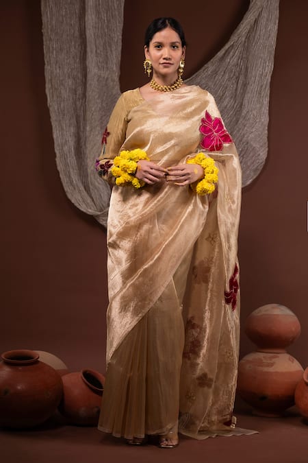 Chambray & CO. Gold Silk, Tissue Embroidery, Applique V-neck Floral Saree Set Online at Aza Fashions Chambray & CO._Gold Silk, Tissue Embroidery, Applique V-neck Floral Saree Set _Online_at_Aza_Fashions