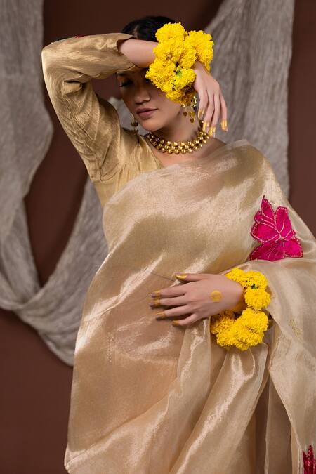 Buy Chambray & CO. Gold Silk, Tissue Embroidery, Applique V-neck Floral Saree Set Online at Aza Fashions Buy_Chambray & CO._Gold Silk, Tissue Embroidery, Applique V-neck Floral Saree Set _Online_at_Aza_Fashions