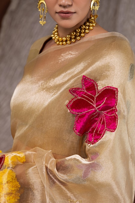 Shop Chambray & CO. Gold Silk, Tissue Embroidery, Applique V-neck Floral Saree Set Online at Aza Fashions Shop_Chambray & CO._Gold Silk, Tissue Embroidery, Applique V-neck Floral Saree Set _Online_at_Aza_Fashions