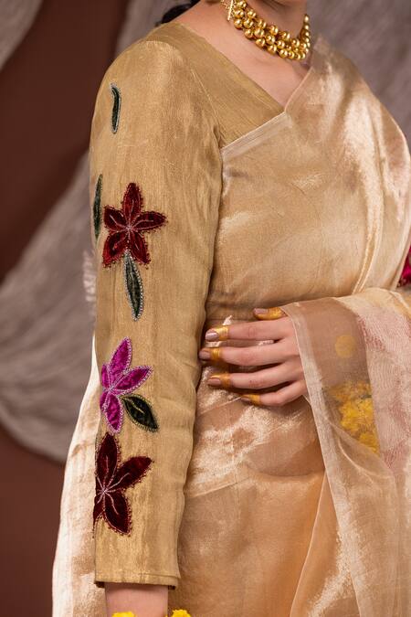 Chambray & CO. Gold Silk, Tissue Embroidery, Applique V-neck Floral Saree Set at Aza Fashions Chambray & CO._Gold Silk, Tissue Embroidery, Applique V-neck Floral Saree Set _at_Aza_Fashions