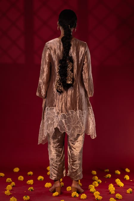 Shop Chambray & CO. Brown Silk, Cotton Embroidery, Patchwork Round Neck Resham Kurta And Pant Set at Aza Fashions Shop_Chambray & CO._Brown Silk, Cotton Embroidery, Patchwork Round Neck Resham Kurta And Pant Set _at_Aza_Fashions