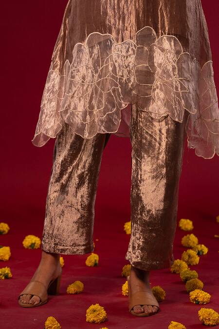 Chambray & CO. Brown Silk, Cotton Embroidery, Patchwork Round Neck Resham Kurta And Pant Set Online at Aza Fashions Chambray & CO._Brown Silk, Cotton Embroidery, Patchwork Round Neck Resham Kurta And Pant Set _Online_at_Aza_Fashions