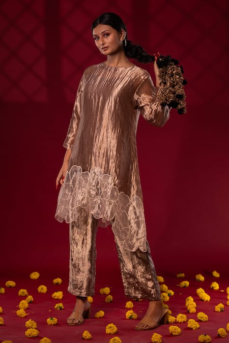 Buy Chambray & CO. Brown Silk, Cotton Embroidery, Patchwork Round Neck Resham Kurta And Pant Set Online at Aza Fashions Buy_Chambray & CO._Brown Silk, Cotton Embroidery, Patchwork Round Neck Resham Kurta And Pant Set _Online_at_Aza_Fashions