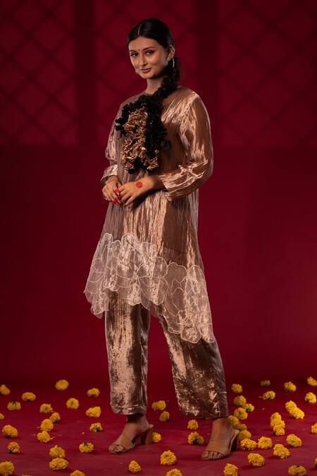 Shop Chambray & CO. Brown Silk, Cotton Embroidery, Patchwork Round Neck Resham Kurta And Pant Set Online at Aza Fashions Shop_Chambray & CO._Brown Silk, Cotton Embroidery, Patchwork Round Neck Resham Kurta And Pant Set _Online_at_Aza_Fashions