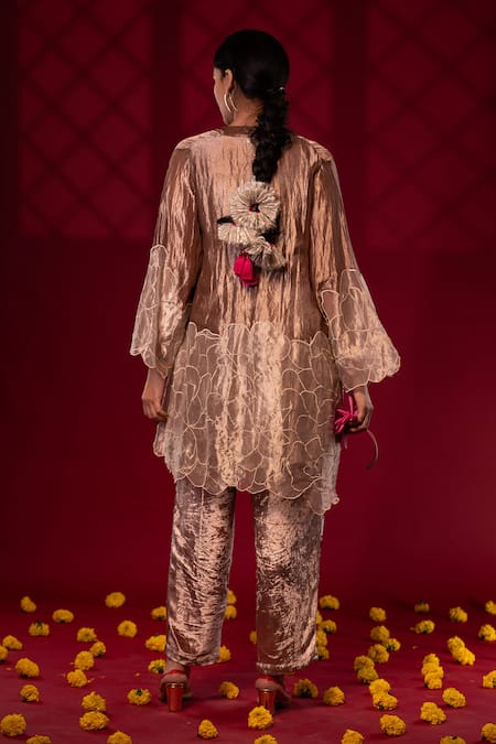 Shop Chambray & CO. Gold Silk Embroidery Open Neck Floral Patchwork Jacket Pant Set at Aza Fashions Shop_Chambray & CO._Gold Silk Embroidery Open Neck Floral Patchwork Jacket Pant Set _at_Aza_Fashions