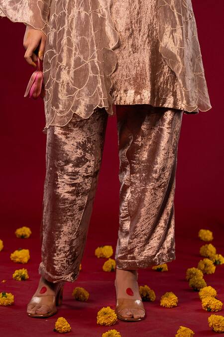 Chambray & CO. Gold Silk Embroidery Open Neck Floral Patchwork Jacket Pant Set Online at Aza Fashions Chambray & CO._Gold Silk Embroidery Open Neck Floral Patchwork Jacket Pant Set _Online_at_Aza_Fashions