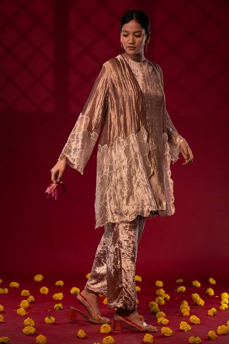 Shop Chambray & CO. Gold Silk Embroidery Open Neck Floral Patchwork Jacket Pant Set Online at Aza Fashions Shop_Chambray & CO._Gold Silk Embroidery Open Neck Floral Patchwork Jacket Pant Set _Online_at_Aza_Fashions