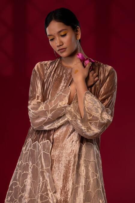 Chambray & CO. Gold Silk Embroidery Open Neck Floral Patchwork Jacket Pant Set at Aza Fashions Chambray & CO._Gold Silk Embroidery Open Neck Floral Patchwork Jacket Pant Set _at_Aza_Fashions