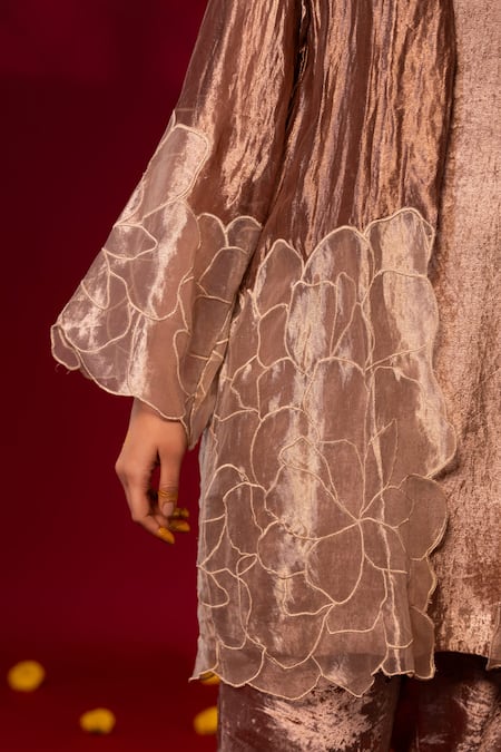 Buy Chambray & CO. Gold Silk Embroidery Open Neck Floral Patchwork Jacket Pant Set Buy_Chambray & CO._Gold Silk Embroidery Open Neck Floral Patchwork Jacket Pant Set