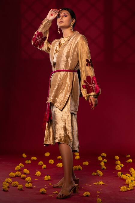 Buy Chambray & CO. Gold Silk, Velvet Embroidery, Tassels Shawl Neck Floral Patchwork Jacket Online at Aza Fashions Buy_Chambray & CO._Gold Silk, Velvet Embroidery, Tassels Shawl Neck Floral Patchwork Jacket _Online_at_Aza_Fashions