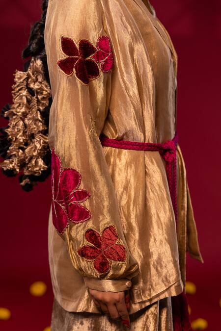 Chambray & CO. Gold Silk, Velvet Embroidery, Tassels Shawl Neck Floral Patchwork Jacket at Aza Fashions Chambray & CO._Gold Silk, Velvet Embroidery, Tassels Shawl Neck Floral Patchwork Jacket _at_Aza_Fashions