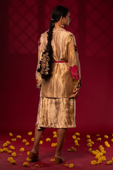 Shop Chambray & CO. Gold Silk, Velvet Embroidery, Tassels Shawl Floral Patchwork Jacket And Dress at Aza Fashions Shop_Chambray & CO._Gold Silk, Velvet Embroidery, Tassels Shawl Floral Patchwork Jacket And Dress _at_Aza_Fashions