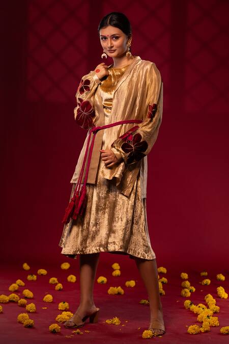 Chambray & CO. Gold Silk, Velvet Embroidery, Tassels Shawl Floral Patchwork Jacket And Dress Online at Aza Fashions Chambray & CO._Gold Silk, Velvet Embroidery, Tassels Shawl Floral Patchwork Jacket And Dress _Online_at_Aza_Fashions