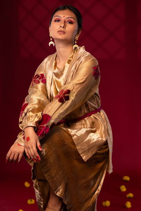 Shop Chambray & CO. Gold Silk, Velvet Embroidery, Tassels Shawl Floral Patchwork Jacket And Dress Online at Aza Fashions Shop_Chambray & CO._Gold Silk, Velvet Embroidery, Tassels Shawl Floral Patchwork Jacket And Dress _Online_at_Aza_Fashions