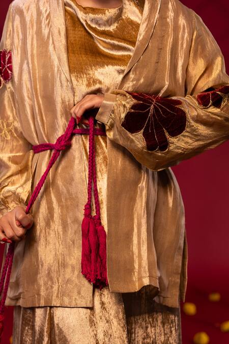 Buy Chambray & CO. Gold Silk, Velvet Embroidery, Tassels Shawl Floral Patchwork Jacket And Dress Buy_Chambray & CO._Gold Silk, Velvet Embroidery, Tassels Shawl Floral Patchwork Jacket And Dress