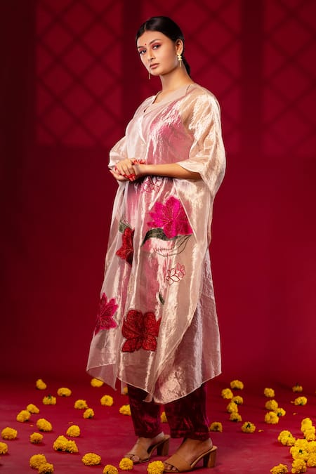 Chambray & CO._Silver Cotton, Silk Embroidery Collared And Pink Resham Patchwork Kaftan Set _Online_at_Aza_Fashions