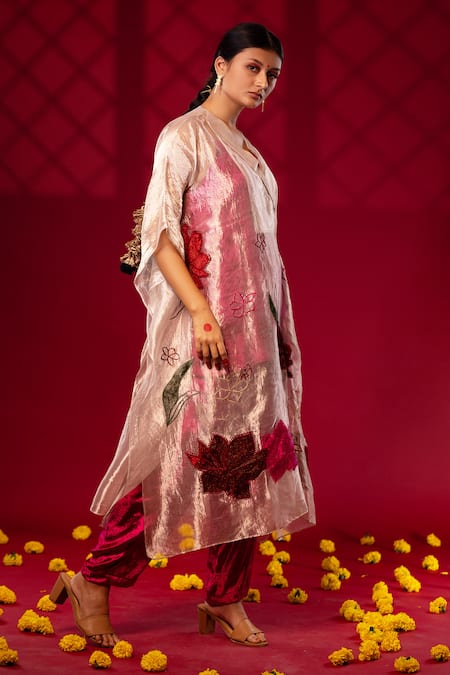 Shop_Chambray & CO._Silver Cotton, Silk Embroidery Collared And Pink Resham Patchwork Kaftan Set _Online_at_Aza_Fashions