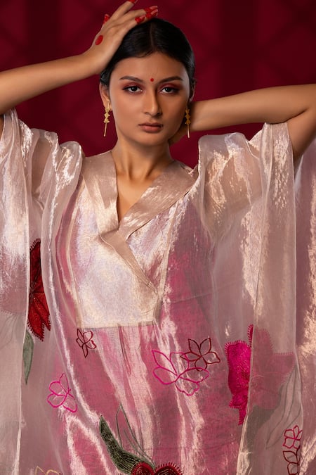 Buy_Chambray & CO._Silver Cotton, Silk Embroidery Collared And Pink Resham Patchwork Kaftan Set 