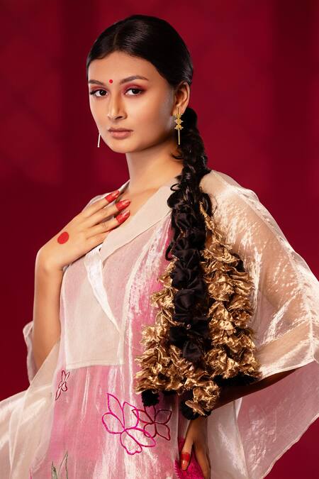 Shop_Chambray & CO._Silver Cotton, Silk Embroidery Collared And Pink Resham Patchwork Kaftan Set 