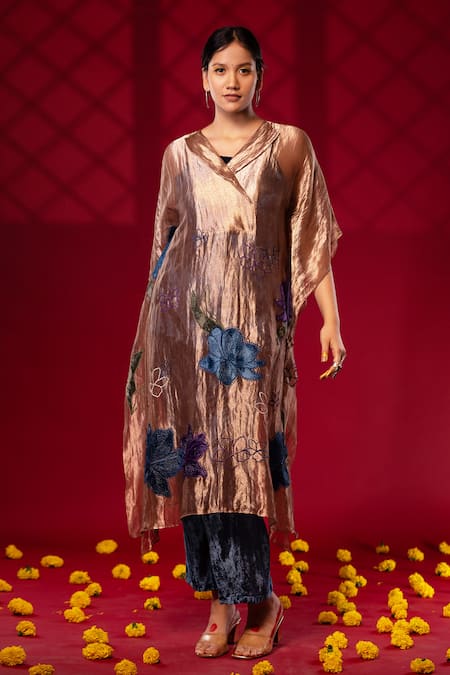 Shop Chambray & CO. Gold Cotton, Silk Embroidery Collared Floral Patchwork Kaftan And Pant Set at Aza Fashions Shop_Chambray & CO._Gold Cotton, Silk Embroidery Collared Floral Patchwork Kaftan And Pant Set _at_Aza_Fashions