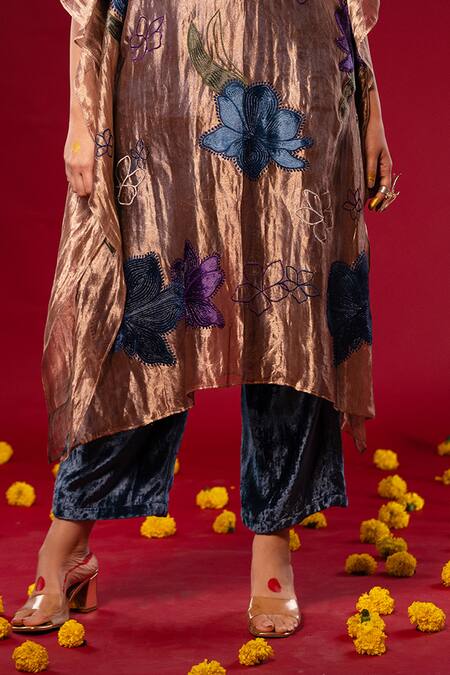 Chambray & CO. Gold Cotton, Silk Embroidery Collared Floral Patchwork Kaftan And Pant Set Online at Aza Fashions Chambray & CO._Gold Cotton, Silk Embroidery Collared Floral Patchwork Kaftan And Pant Set _Online_at_Aza_Fashions