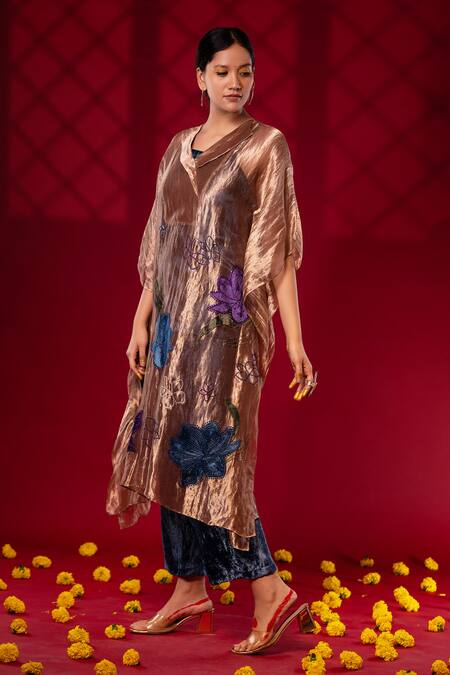 Shop Chambray & CO. Gold Cotton, Silk Embroidery Collared Floral Patchwork Kaftan And Pant Set Online at Aza Fashions Shop_Chambray & CO._Gold Cotton, Silk Embroidery Collared Floral Patchwork Kaftan And Pant Set _Online_at_Aza_Fashions