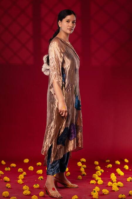 Chambray & CO. Gold Cotton, Silk Embroidery Collared Floral Patchwork Kaftan And Pant Set at Aza Fashions Chambray & CO._Gold Cotton, Silk Embroidery Collared Floral Patchwork Kaftan And Pant Set _at_Aza_Fashions