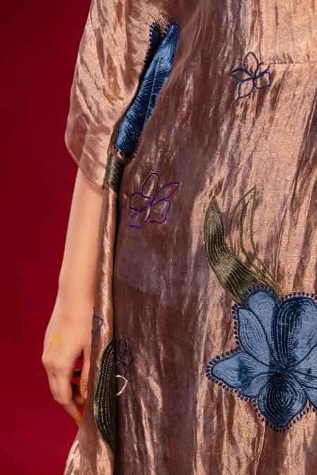 Buy Chambray & CO. Gold Cotton, Silk Embroidery Collared Floral Patchwork Kaftan And Pant Set Buy_Chambray & CO._Gold Cotton, Silk Embroidery Collared Floral Patchwork Kaftan And Pant Set