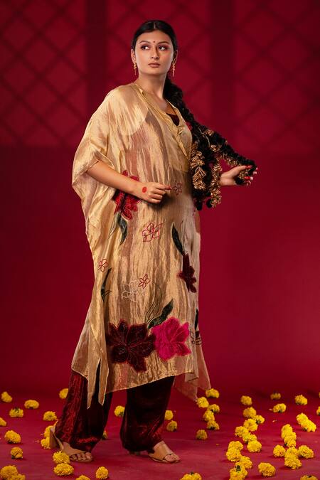 Buy_Chambray & CO._Gold Cotton, Silk Embroidery Collared Floral Patchwork Kaftan And Pant Set _Online_at_Aza_Fashions