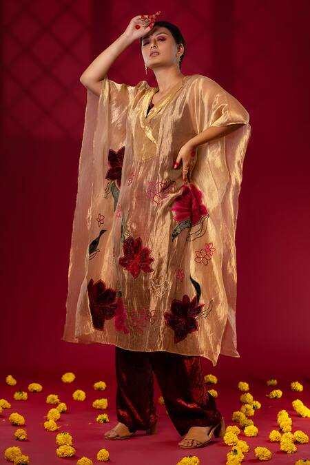 Chambray & CO._Gold Cotton, Silk Embroidery Collared Floral Patchwork Kaftan And Pant Set _at_Aza_Fashions