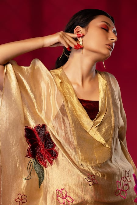 Buy_Chambray & CO._Gold Cotton, Silk Embroidery Collared Floral Patchwork Kaftan And Pant Set 