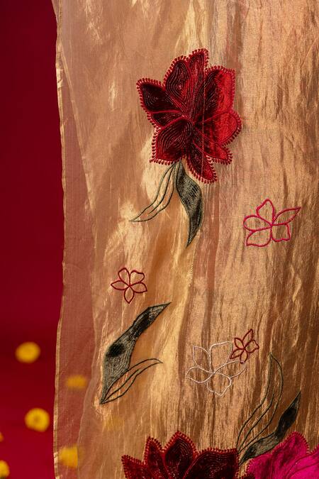 Shop_Chambray & CO._Gold Cotton, Silk Embroidery Collared Floral Patchwork Kaftan And Pant Set 