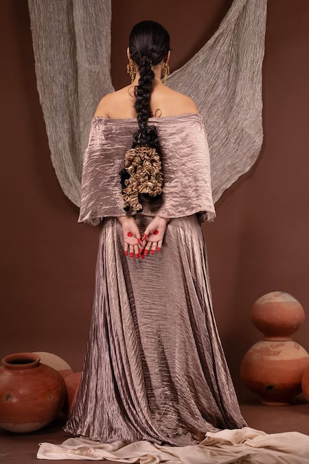 Shop Chambray & CO. Gold Cotton, Silk Embroidery Off-shoulder Floral Top And Skirt Set at Aza Fashions Shop_Chambray & CO._Gold Cotton, Silk Embroidery Off-shoulder Floral Top And Skirt Set _at_Aza_Fashions