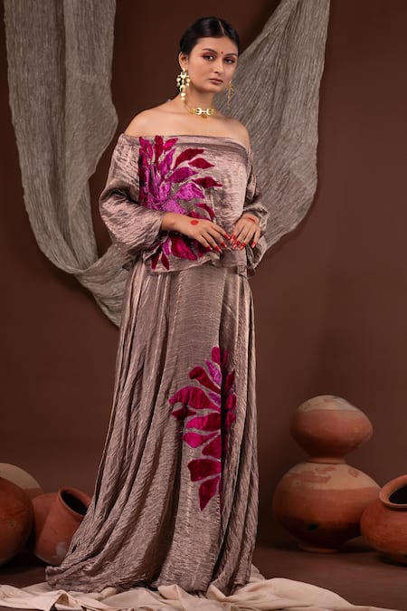 Buy Chambray & CO. Gold Cotton, Silk Embroidery Off-shoulder Floral Top And Skirt Set Online at Aza Fashions Buy_Chambray & CO._Gold Cotton, Silk Embroidery Off-shoulder Floral Top And Skirt Set _Online_at_Aza_Fashions