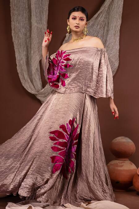 Shop Chambray & CO. Gold Cotton, Silk Embroidery Off-shoulder Floral Top And Skirt Set Online at Aza Fashions Shop_Chambray & CO._Gold Cotton, Silk Embroidery Off-shoulder Floral Top And Skirt Set _Online_at_Aza_Fashions