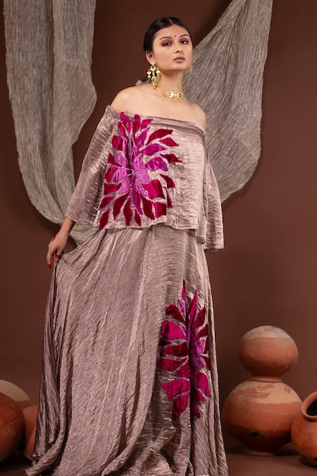 Chambray & CO. Gold Cotton, Silk Embroidery Off-shoulder Floral Top And Skirt Set at Aza Fashions Chambray & CO._Gold Cotton, Silk Embroidery Off-shoulder Floral Top And Skirt Set _at_Aza_Fashions