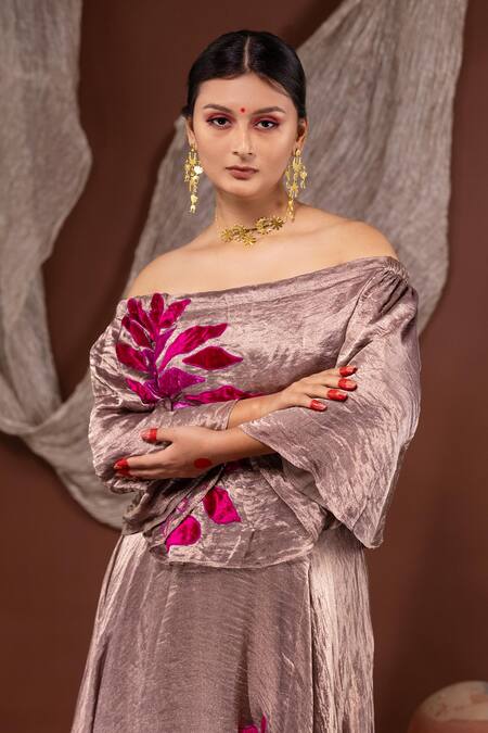 Buy Chambray & CO. Gold Cotton, Silk Embroidery Off-shoulder Floral Top And Skirt Set Buy_Chambray & CO._Gold Cotton, Silk Embroidery Off-shoulder Floral Top And Skirt Set