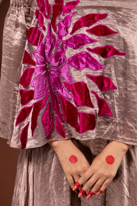 Shop Chambray & CO. Gold Cotton, Silk Embroidery Off-shoulder Floral Top And Skirt Set Shop_Chambray & CO._Gold Cotton, Silk Embroidery Off-shoulder Floral Top And Skirt Set