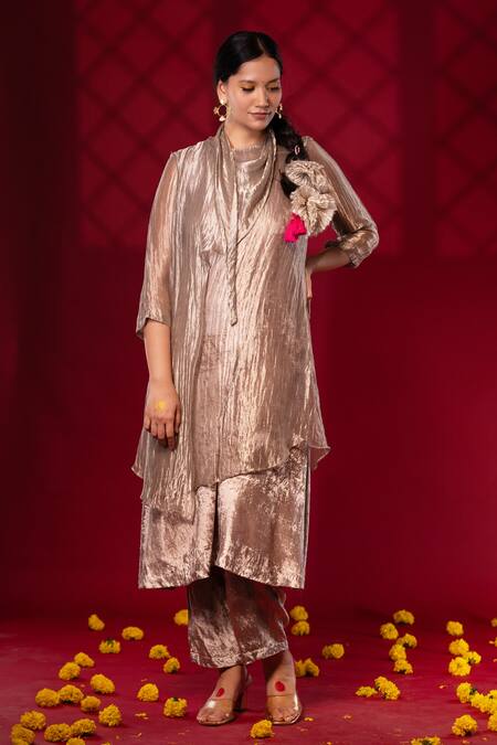 Chambray & CO._Silver Silk Round Neck Pleated Overlay Tunic And Pant Set _Online_at_Aza_Fashions