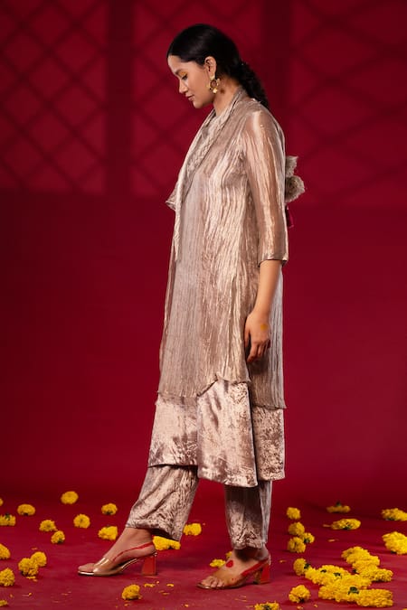 Shop_Chambray & CO._Silver Silk Round Neck Pleated Overlay Tunic And Pant Set _Online_at_Aza_Fashions