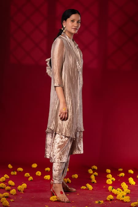 Chambray & CO._Silver Silk Round Neck Pleated Overlay Tunic And Pant Set _at_Aza_Fashions