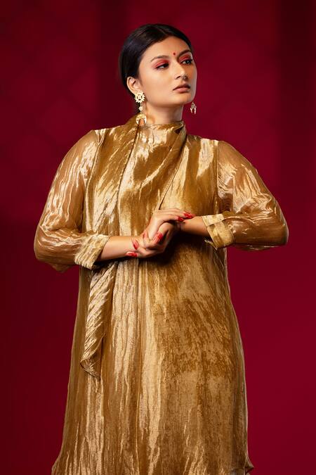 Chambray & CO. Gold Silk Round Neck Pleated Overlay Tunic Set at Aza Fashions Chambray & CO._Gold Silk Round Neck Pleated Overlay Tunic Set _at_Aza_Fashions