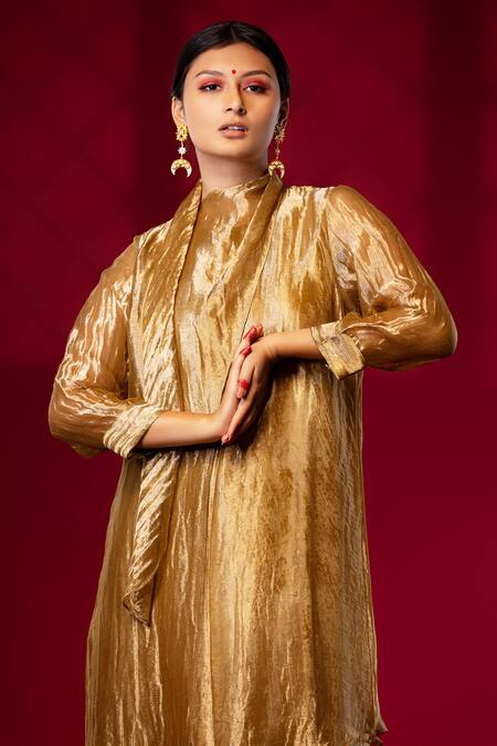 Buy Chambray & CO. Gold Silk Round Neck Pleated Overlay Tunic Set Buy_Chambray & CO._Gold Silk Round Neck Pleated Overlay Tunic Set