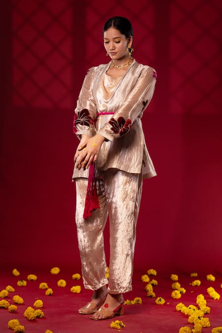 Chambray & CO. Floral Applique Silver Jacket Pant Set 