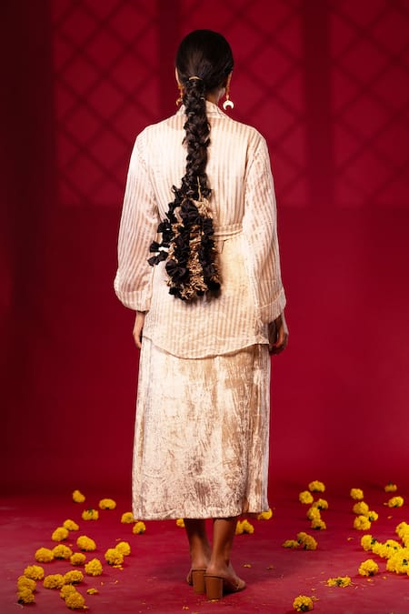 Shop Chambray & CO. Silver Velvet, Silk, Tissue Shawl Stripe Woven Jacket With Sleeveless Dress at Aza Fashions Shop_Chambray & CO._Silver Velvet, Silk, Tissue Shawl Stripe Woven Jacket With Sleeveless Dress _at_Aza_Fashions